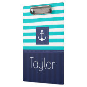 Moderne Aqua Navy Stripes Anker Personalisiert Klemmbrett (Links)