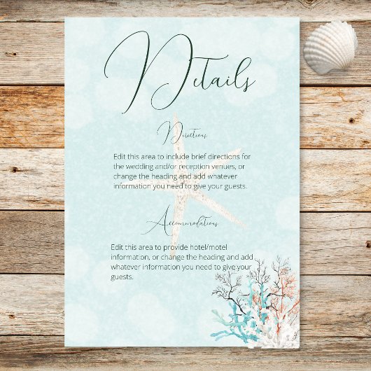 Moderne Aqua Ocean-Muscheln Hochzeitdetails Begleitkarte