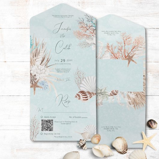 Moderne Aqua Ocean & Muscheln QR Code All In One Einladung
