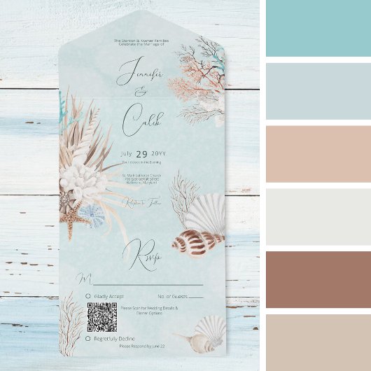 Moderne Aqua Ocean & Muscheln QR Code All In One Einladung