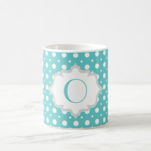 Moderne aqua-weiße Polka-Dot-Monogramm Kaffeetasse