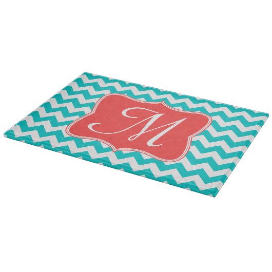 Moderne Aqua-Zickzack Monogram-Glasschneidplatte Schneidebrett (Ecke)