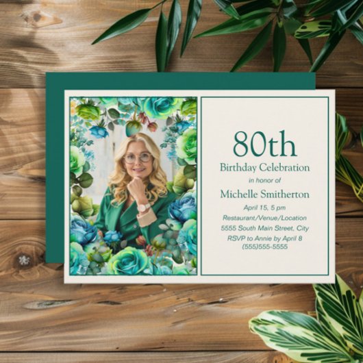 Moderne Aquamarin Blue Green Blume 80. Geburtstag Einladung