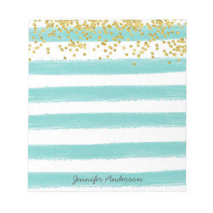 Moderne Aquamarin Strip Gold Confetti personalisie Notizblock