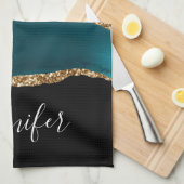 Moderne Aquamarine Agate & Gold Ribbon auf Black Geschirrtuch (Viertel Falte)