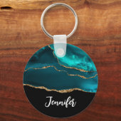 Moderne Aquamarine Agate & Gold Ribbon auf Black Schlüsselanhänger (Rückseite)