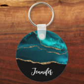 Moderne Aquamarine Agate & Gold Ribbon auf Black Schlüsselanhänger (Vorderseite)