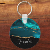 Moderne Aquamarine Agate & Gold Ribbon auf Black Schlüsselanhänger (Vorderseite)