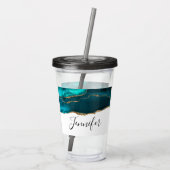 Moderne Aquamarine Agate & Gold Ribbon auf Weiß Acryltrinkbecher (Rückseite)