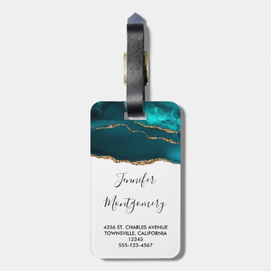 Moderne Aquamarine Agate & Gold Ribbon auf Weiß Gepäckanhänger (Rückseite vertikal)