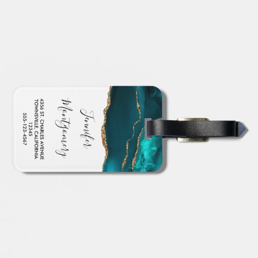 Moderne Aquamarine Agate & Gold Ribbon auf Weiß Gepäckanhänger (Rückseite horizontal)