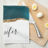 Moderne Aquamarine Agate & Gold Ribbon auf Weiß Geschirrtuch (Viertel Falte)