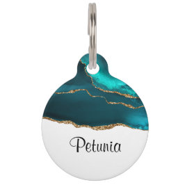 Moderne Aquamarine Agate & Gold Ribbon auf Weiß Haustiermarke