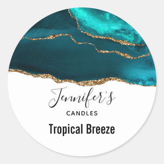 Moderne Aquamarine Agate & Gold Ribbon Candle Runder Aufkleber (Vorderseite)
