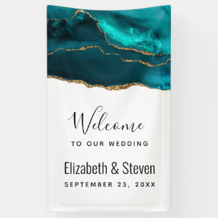 Moderne Aquamarine Agate & Gold Ribbon Wedding Banner