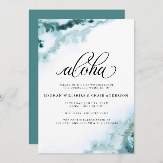 Moderne Aquamarine Aquarellmoos Agate Aloha Einladung (Vorne/Hinten)