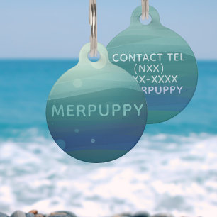 Moderne Aquamarine Aquarellwellen Meeresgrüner Hun Haustiermarke