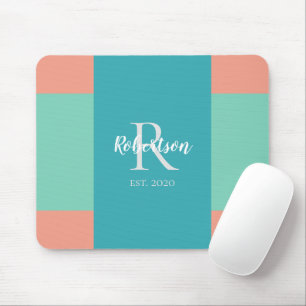 Moderne Aquamarine, blaue und rosa Mit Monogramm Mousepad
