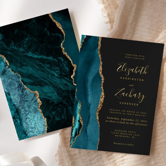 Moderne Aquamarine Blue Gold Agate Dark Wedding Folieneinladung