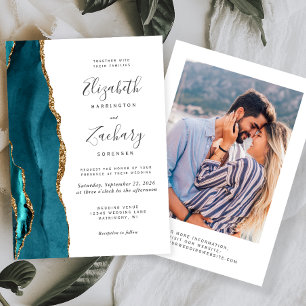 Moderne Aquamarine Blue Gold Agate Foto Hochzeit Einladung