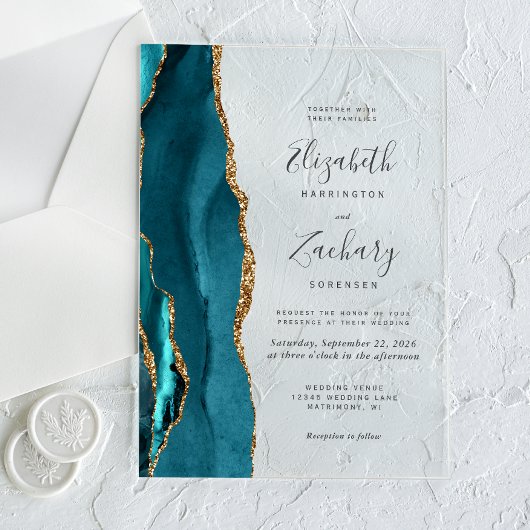 Moderne Aquamarine Blue Gold Agate Hochzeit Acryleinladungen