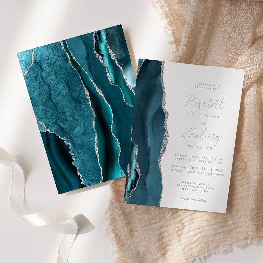 Moderne Aquamarine Blue Silver Agate Hochzeit Folieneinladung