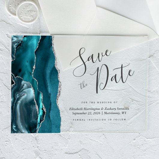 Moderne Aquamarine Blue Silver Agate Save the Date Acryleinladungen