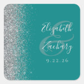 Moderne Aquamarine Blue Silver Glitzer Edge Weddin Quadratischer Aufkleber (Vorderseite)