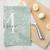 Moderne Aquamarine botanische Blätter Monogrammsch Geschirrtuch (Viertel Falte)