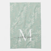 Moderne Aquamarine botanische Blätter Monogrammsch Geschirrtuch (Vertikal)