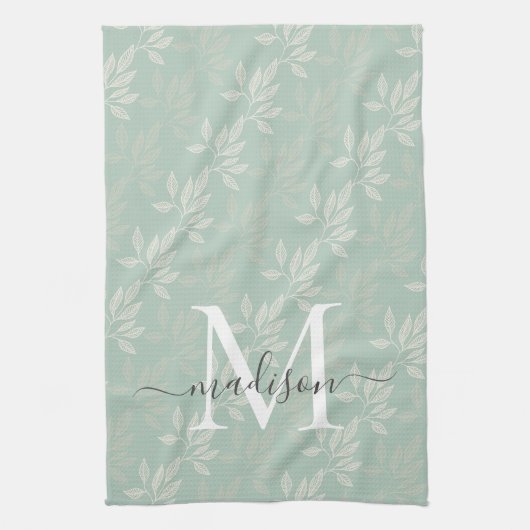 Moderne Aquamarine botanische Blätter Monogrammsch Geschirrtuch (Vertikal)