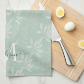 Moderne Aquamarine botanische Blätter Monogrammsch Geschirrtuch (Viertel Falte)