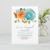 Moderne Aquamarine Burnt Orange Floral Engagement Einladung (Stehend Vorderseite)