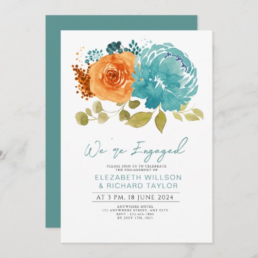 Moderne Aquamarine Burnt Orange Floral Engagement Einladung (Vorne/Hinten)