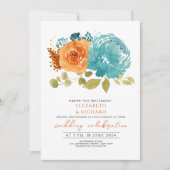 Moderne Aquamarine Burnt Orange Marigold Floral We Einladung (Vorderseite)