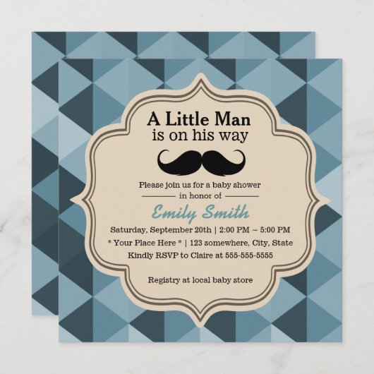 Moderne aquamarine Dreieck-Schnurrbart-Baby-Dusche Einladung (Vorne/Hinten)