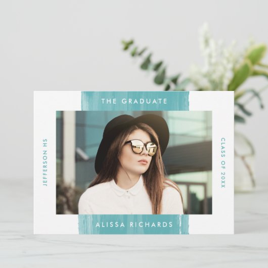 Moderne Aquamarine Foto Graduation Party Einladung (Stehend Vorderseite)