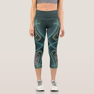 Moderne Aquamarine geometrische Fraktal-Grafik Capri Leggings