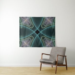 Moderne Aquamarine geometrische Fraktal-Grafik Wandteppich