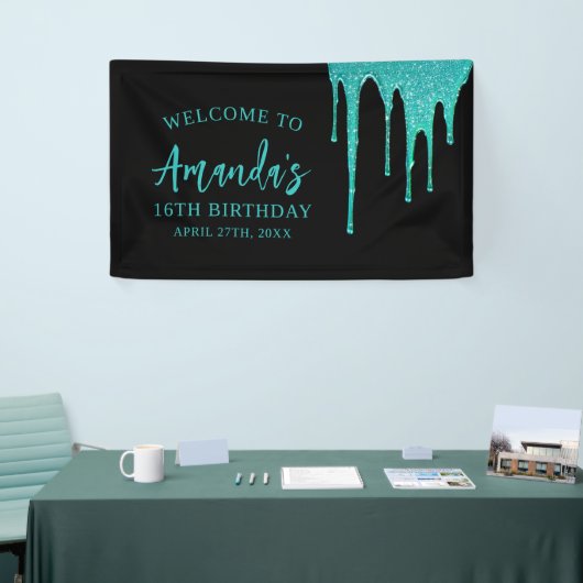 Moderne Aquamarine Glitzer Tropfen Sweet 16 Birthd Banner (Messeveranstaltung)