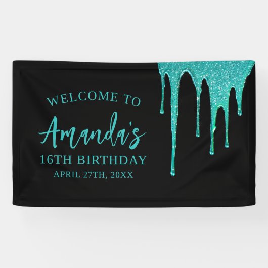 Moderne Aquamarine Glitzer Tropfen Sweet 16 Birthd Banner (Horizontal)