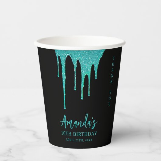 Moderne Aquamarine Glitzer Tropfen Sweet 16 Birthd Pappbecher (Vorderseite)
