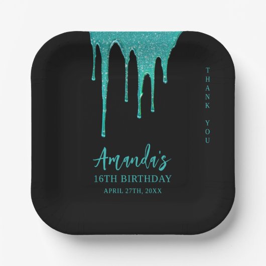 Moderne Aquamarine Glitzer Tropfen Sweet 16 Birthd Pappteller (Vorderseite)