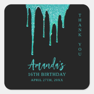 Moderne Aquamarine Glitzer Tropfen Sweet 16 Birthd Quadratischer Aufkleber