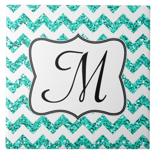 Moderne Aquamarine Glitzer-Zickzack-Monogramm-Anze Fliese (Vorderseite)