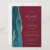Moderne Aquamarine Gold Agate Burgundy Hochzeitsei Einladung (Vorderseite)