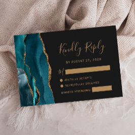 Moderne Aquamarine Gold Agate Dark Wedding RSVP Ca Karte