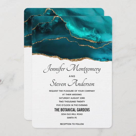 Moderne Aquamarine Gold & White Agate Hochzeit Einladung (Vorne/Hinten)