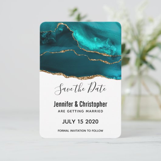 Moderne Aquamarine Gold & White Agate Hochzeit Save The Date (Stehend Vorderseite)