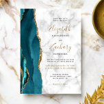 Moderne Aquamarine Goldene Marmorhochzeit Einladun Einladung<br><div class="desc">Der links Rand dieser eleganten,  modernen Hochzeitseinladung zeichnet sich durch eine aquamarine Aquarellgrenze aus,  die mit Imitaten mit goldenem Glitzer bestickt wurde. Der anpassbare Text kombiniert schwarz-goldfarbene Handschrift,  Copperplate und kursiv Schriftart auf grauem und weißem Marmorhintergrund. Auf der Rückseite ist ein aquamarines und goldenes Design zu sehen.</div>